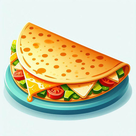 Illustration of a tortilla with cheese, tomato and cucumberのイラスト素材