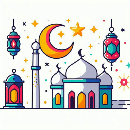 Ramadan Kareem greeting card with mosque, moon and lanternsのイラスト素材