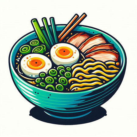 Bowl of noodle soup with vegetables and eggs. Vector illustration.のイラスト素材