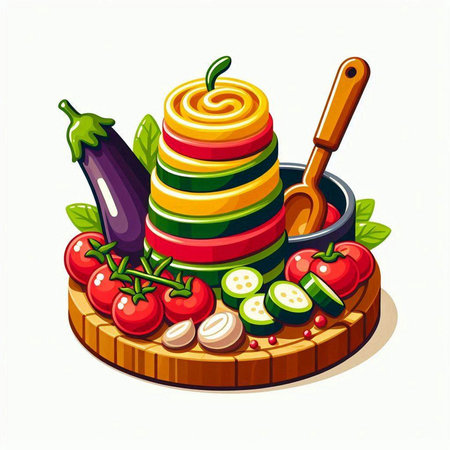 Vegetables and spices on a cutting board. Vector illustration.のイラスト素材