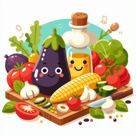 Vegetables and fruits in cartoon style. Healthy food concept.のイラスト素材