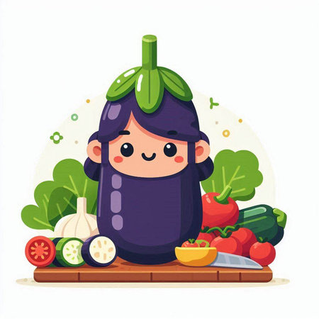 Cute eggplant character with vegetables. Vector illustration in cartoon styleのイラスト素材