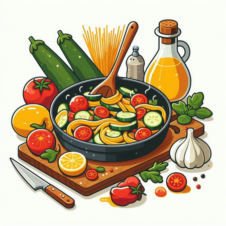 Vegetable pasta in a frying pan. Vector illustration on white background.のイラスト素材