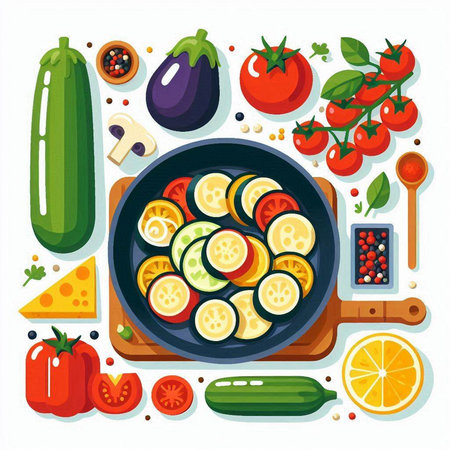 Vegetables in frying pan. Vector illustration in flat style.のイラスト素材