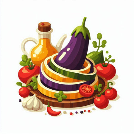 Vegetarian food vector illustration. Tomato, zucchini, onion, olive oil, garlic, pepper, tomato, basil.のイラスト素材
