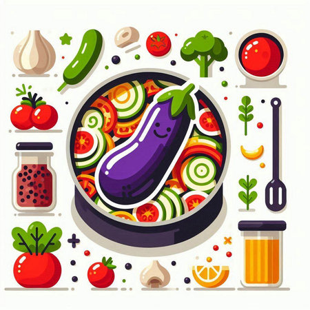 Vegetarian food poster with eggplant, tomato, onion, garlic, pepper, pepper, tomato, carrot, cucumber. Vector illustrationのイラスト素材