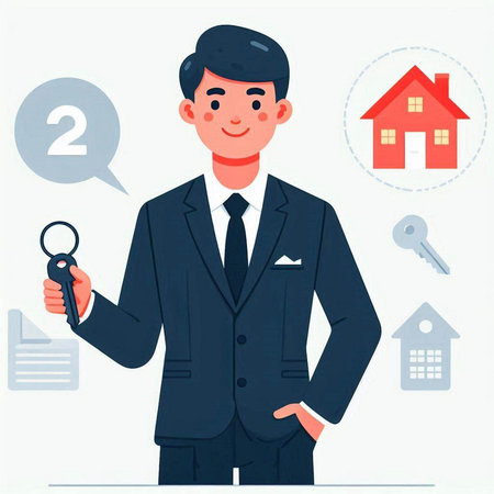 Real estate agent holding a key in his hand. Vector illustration.のイラスト素材