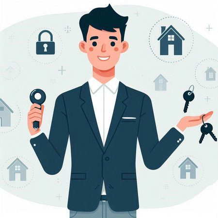 Real estate agent with keys and house icons. Vector illustration in flat styleのイラスト素材