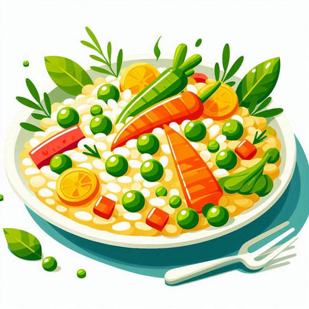 Illustration of a bowl of vegetable salad with salmon and peas on a white backgroundのイラスト素材