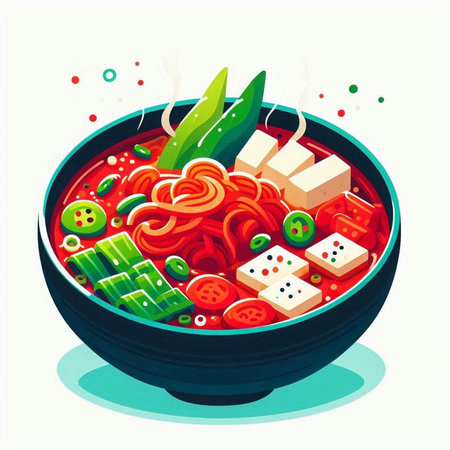 Illustration of Japanese noodle soup with tofu and vegetables in bowlのイラスト素材
