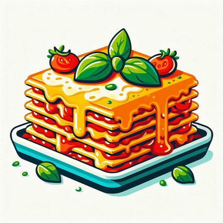 Illustration of a stack of lasagna with basil leaves and tomato sauceのイラスト素材