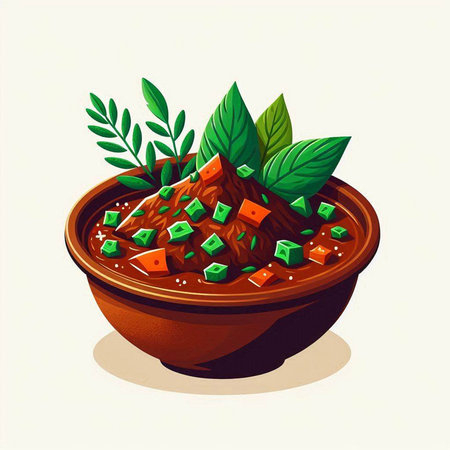 Illustration of a bowl of spicy beef soup with sesame seedsのイラスト素材