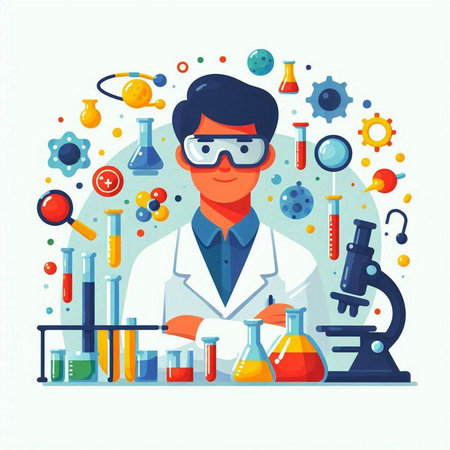 Vector illustration in flat style. Scientist working in the laboratory. Science and education.のイラスト素材
