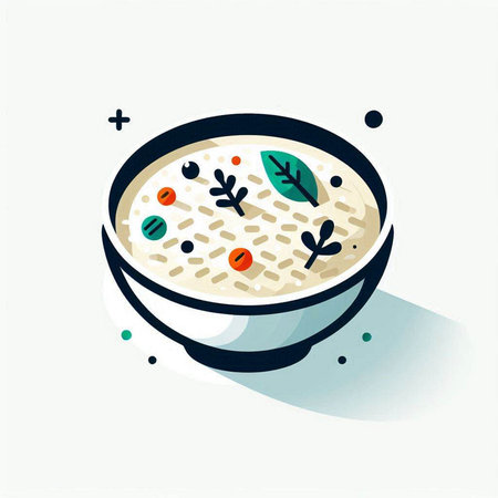 Bowl of rice porridge with vegetables and herbs. Vector illustration.のイラスト素材