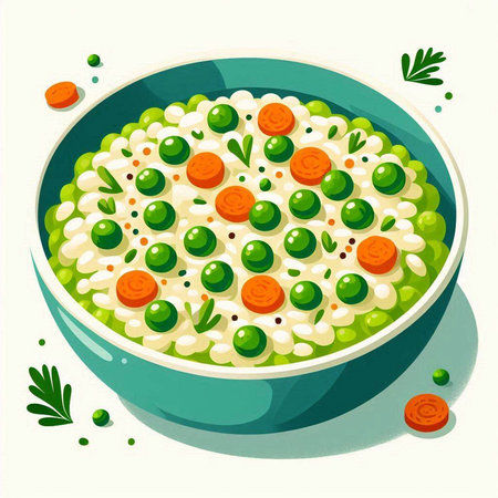 Illustration of a bowl of green peas soup with carrots and peasのイラスト素材