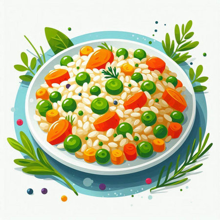 Risotto with green peas, carrots and parsley. Vector illustration.のイラスト素材