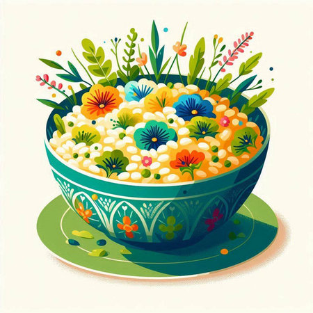 Vector illustration of a bowl of porridge with flowers and leaves.のイラスト素材