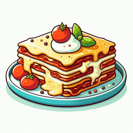 Illustration of a stack of lasagna with tomato on a plateのイラスト素材