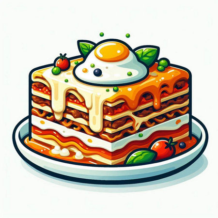 Illustration of a piece of lasagna with a fried egg on topのイラスト素材