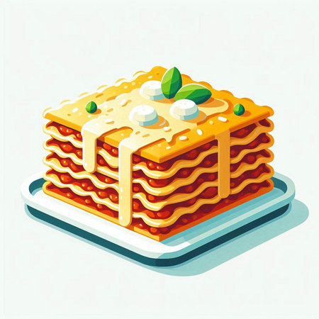 Illustration of a piece of lasagna on a white plate.のイラスト素材