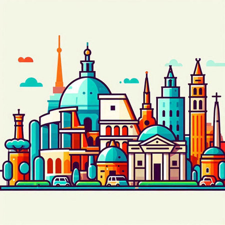 Cityscape with famous buildings and skyscrapers. Vector illustration.のイラスト素材