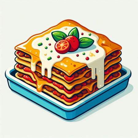 Illustration of a stack of lasagna with cream and fresh fruitsのイラスト素材
