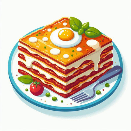 Illustration of a plate of lasagna with a fried egg on topのイラスト素材