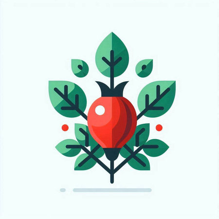 Vector illustration of rosehip with green leaves. Flat design style.のイラスト素材