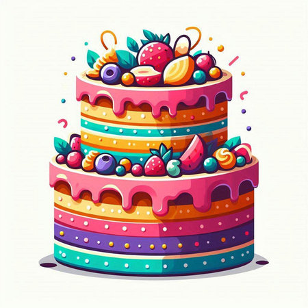 Birthday cake with berries and confectionery. Vector illustration.のイラスト素材
