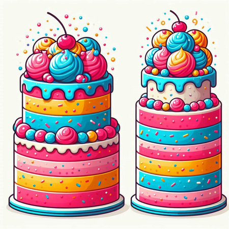 Vector illustration of two colorful birthday cakes with cream and cherry on topのイラスト素材