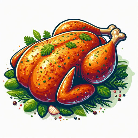Roasted turkey with herbs and spices on white background. Vector illustration.のイラスト素材