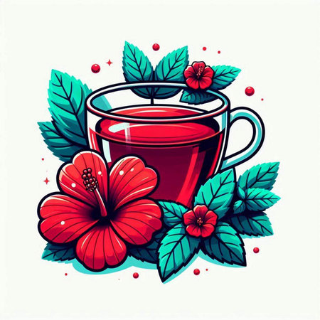 Cup of tea with hibiscus flowers. Vector illustration.のイラスト素材