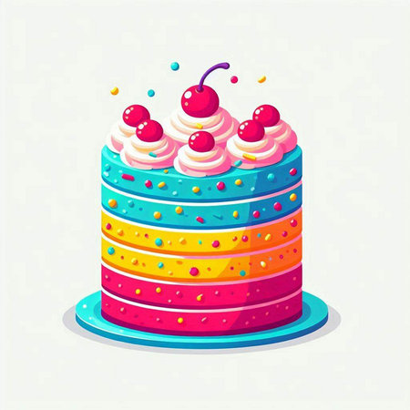 Birthday cake with cream and cherry. Vector illustration in cartoon styleのイラスト素材