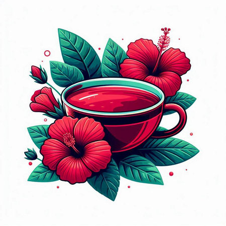 Cup of tea with red hibiscus flowers. Vector illustration.のイラスト素材