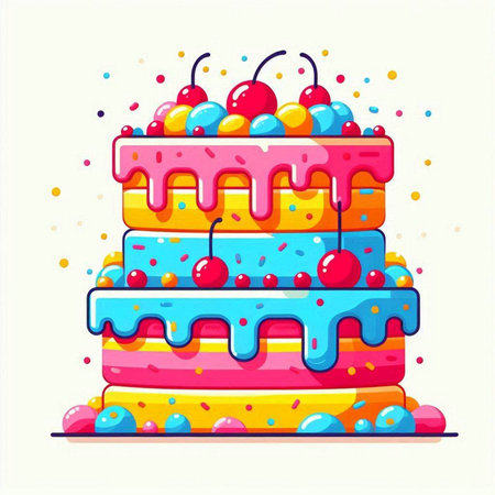 Birthday cake vector illustration. Cute birthday cake with cherry and sprinkles.のイラスト素材