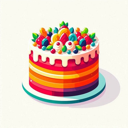 Birthday cake with fruits and berries. Vector illustration in cartoon styleのイラスト素材