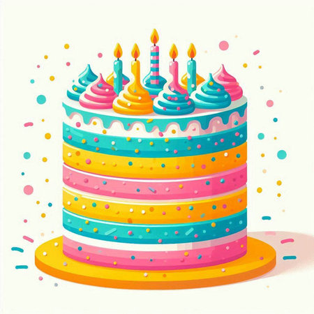 Birthday cake with candles and confetti on white background. Vector illustration.のイラスト素材