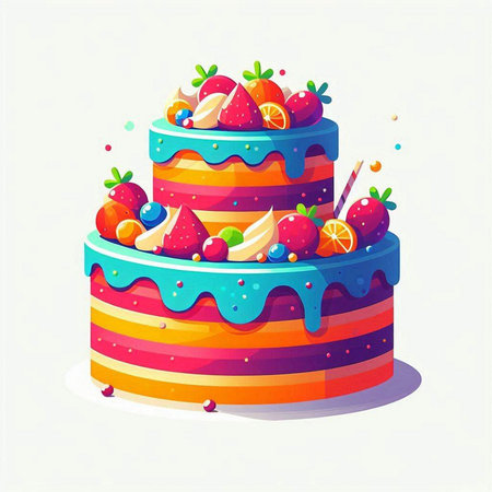 Birthday cake with cream and berries. Vector illustration on white background.のイラスト素材