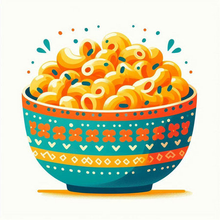 Vector illustration of a bowl of macaroni with splashes and dropsのイラスト素材