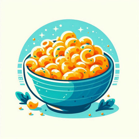 Delicious macaroni in a blue bowl. Vector illustration.のイラスト素材