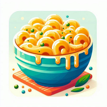 Vector illustration of bowl of macaroni and cheese with sauce.のイラスト素材