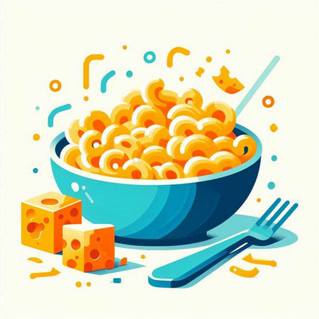 Illustration of a bowl of macaroni with cheese and spoonのイラスト素材