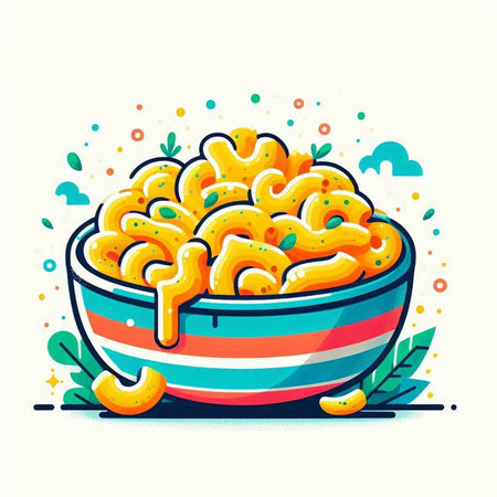 Bowl of macaroni and cheese. Vector illustration in flat style.のイラスト素材
