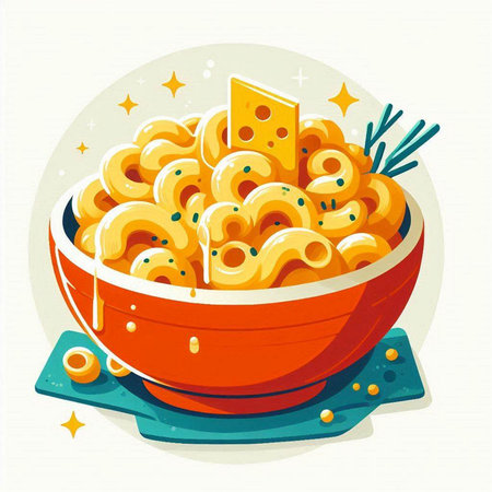 Vector illustration of a bowl of macaroni with cheese and herbsのイラスト素材