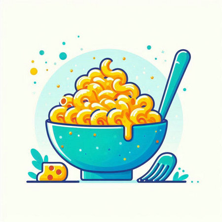 Illustration of a bowl of macaroni with a spoon and cheeseのイラスト素材