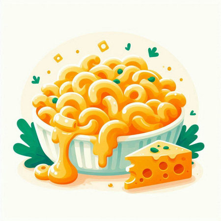 Creamy macaroni in a bowl with melted cheese. Vector illustration.のイラスト素材