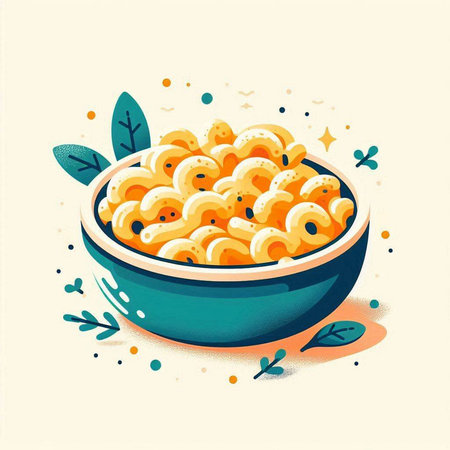 Illustration of a bowl of macaroni and cheese on a white backgroundのイラスト素材