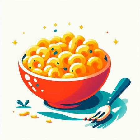 Vector illustration of a bowl of macaroni with spoon and fork.のイラスト素材