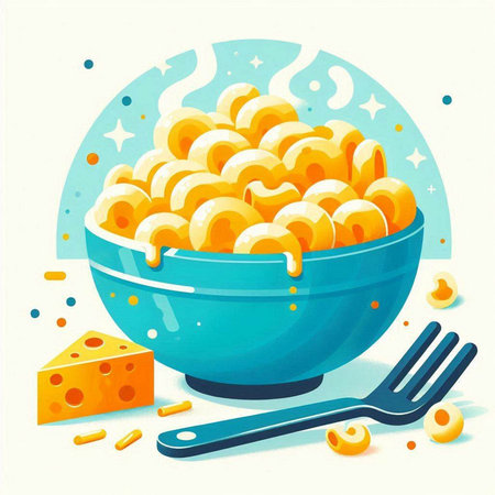 Illustration of a bowl of macaroni with cheese and forkのイラスト素材