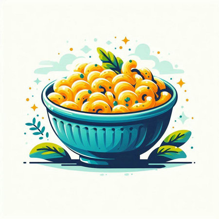 Delicious macaroni in a blue bowl, vector illustration.のイラスト素材